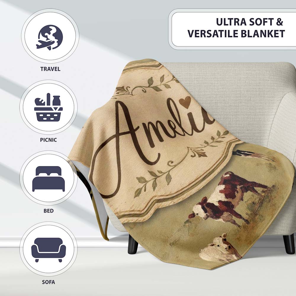 Farm Cow Cattle Pasture Illustration Seamless Pattern Lovely Personalised Custom Name Super Soft Fleece Blanket Bed Sofa Throw
