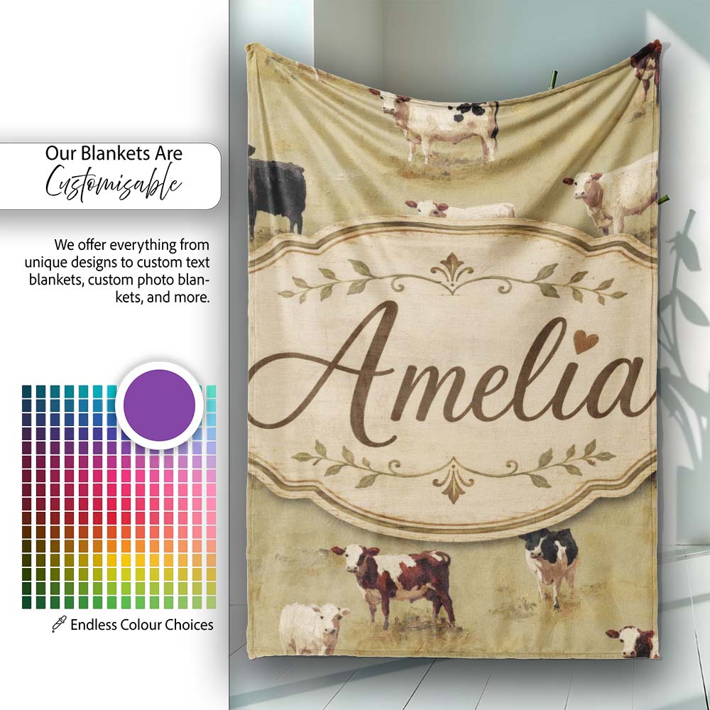Farm Cow Cattle Pasture Illustration Seamless Pattern Lovely Personalised Custom Name Super Soft Fleece Blanket Bed Sofa Throw