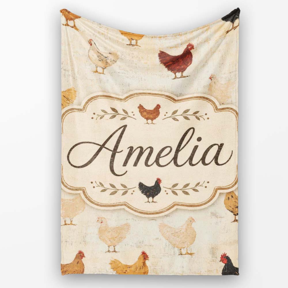 Rustic Chicken Hen Farmyard Illustration Seamless Pattern Lovely Personalised Custom Name Super Soft Fleece Blanket Bed Sofa Throw