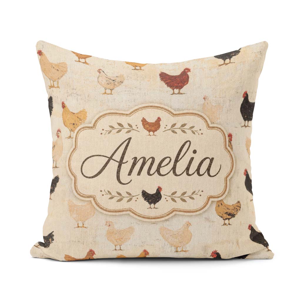 Custom Name Rustic Chicken Hen Farmyard Seamless Pattern Lovely Square Filled Cushion Throw Pillow Sofa Bed Home Decor Zip Washable UK Made
