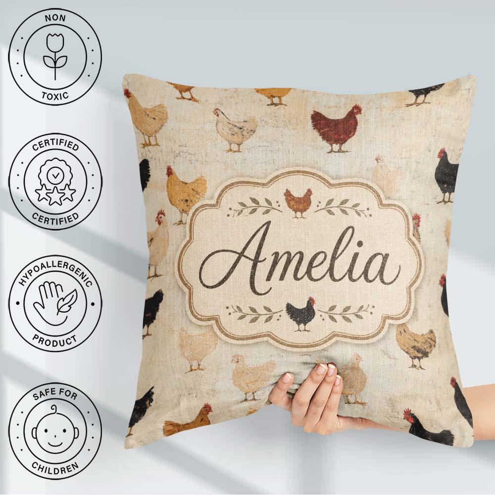 Custom Name Rustic Chicken Hen Farmyard Seamless Pattern Lovely Square Filled Cushion Throw Pillow Sofa Bed Home Decor Zip Washable UK Made