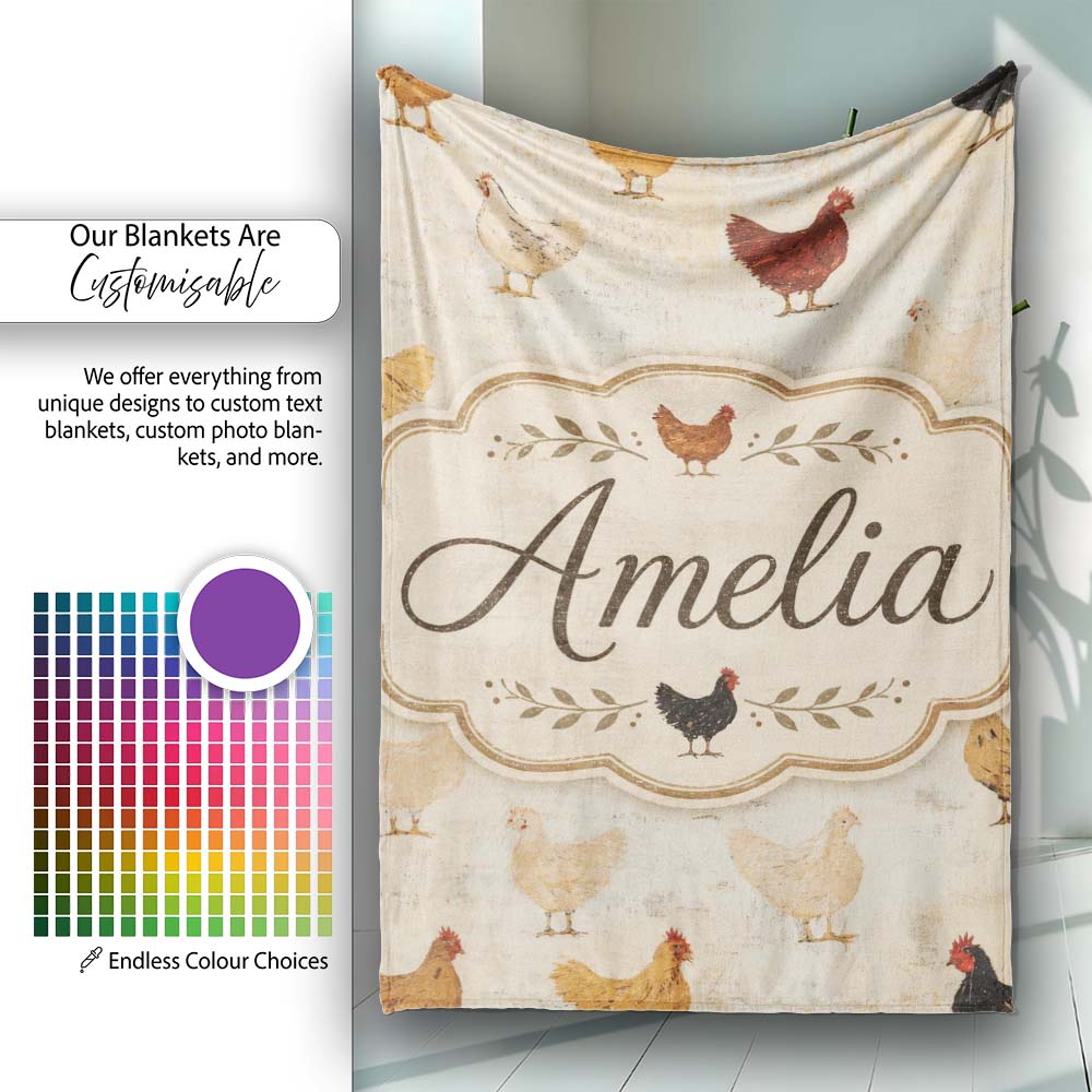 Rustic Chicken Hen Farmyard Illustration Seamless Pattern Lovely Personalised Custom Name Super Soft Fleece Blanket Bed Sofa Throw