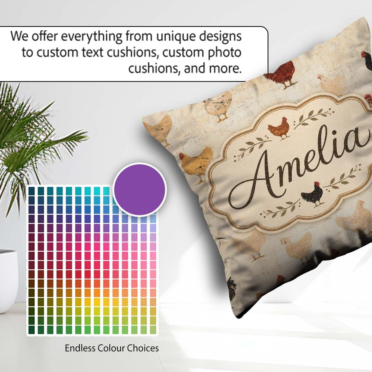 Custom Name Rustic Chicken Hen Farmyard Seamless Pattern Lovely Square Filled Cushion Throw Pillow Sofa Bed Home Decor Zip Washable UK Made