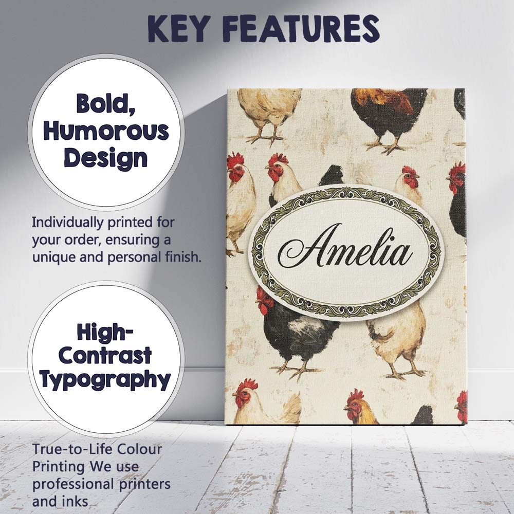 Personalised Name Country Farm Chicken Custom Modern Room Accent Elegant Feature Canvas Wall Art Print Decor Picture Ready to Hang