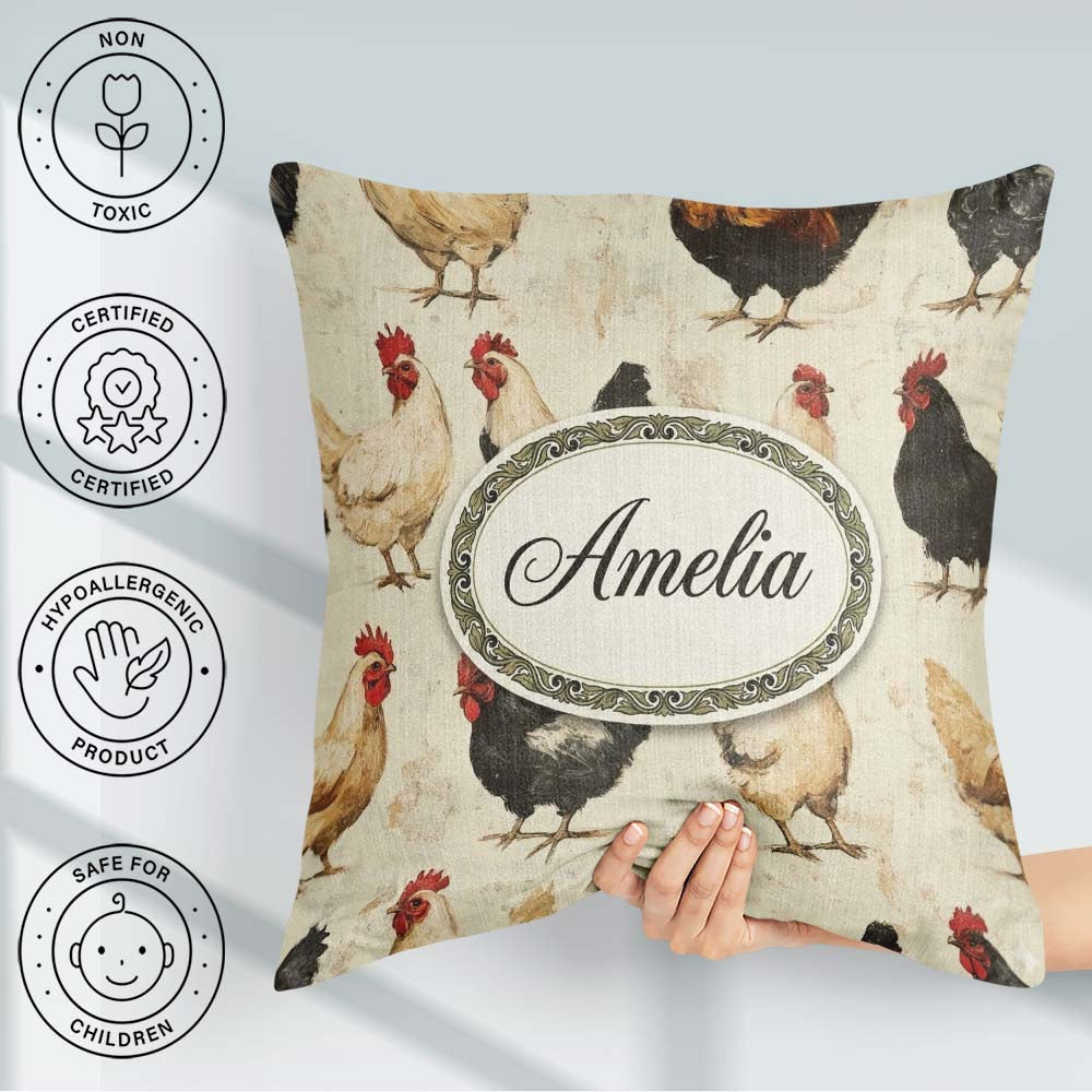 Custom Name Country Farm Chicken Variety Seamless Pattern Lovely Square Filled Cushion Throw Pillow Sofa Bed Home Decor Zip Washable UK Made