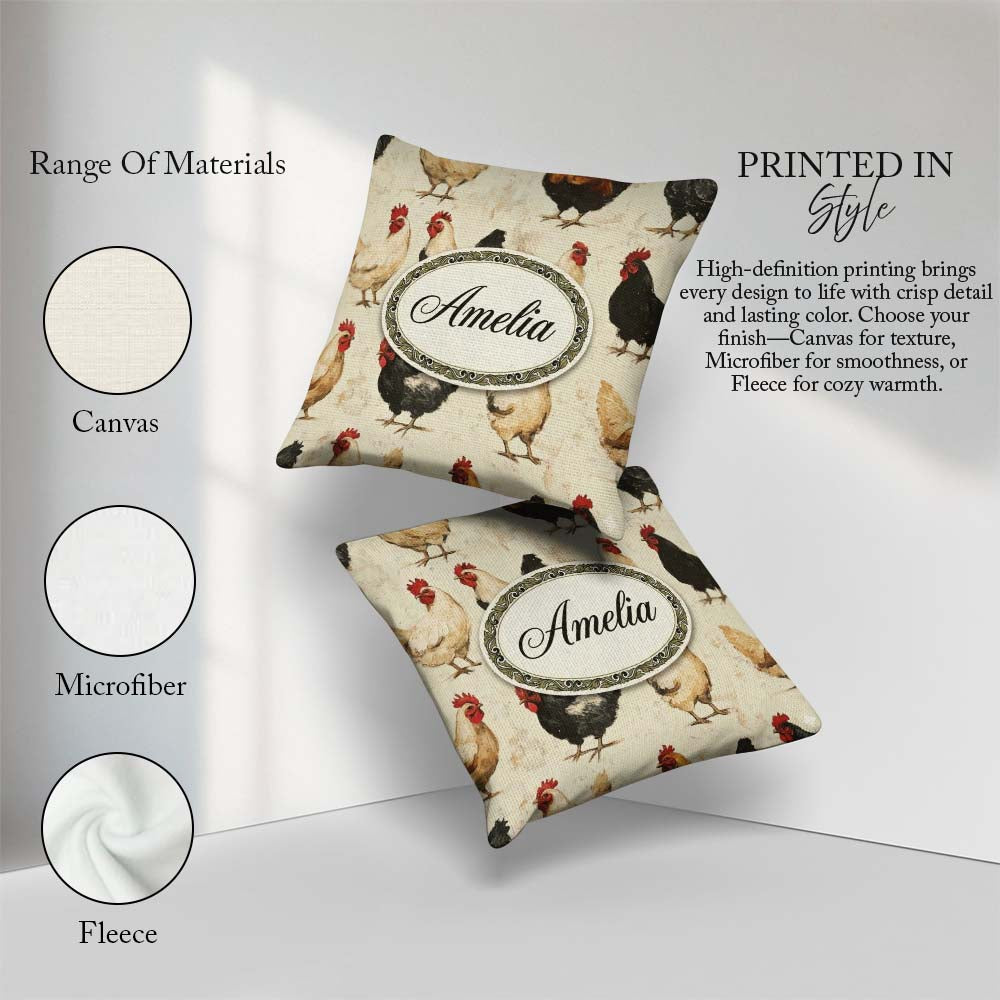 Custom Name Country Farm Chicken Variety Seamless Pattern Lovely Square Filled Cushion Throw Pillow Sofa Bed Home Decor Zip Washable UK Made