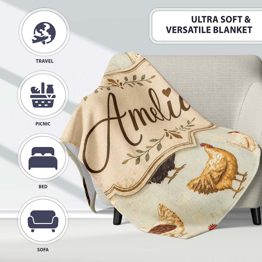 Vintage Farm Hen Illustration Soft Neutral Background Lovely Personalised Custom Name Super Soft Fleece Blanket Bed Sofa Throw