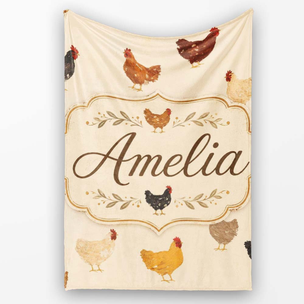 Vintage Farm Chicken Hen Illustration Soft Neutral Background Lovely Personalised Custom Name Super Soft Fleece Blanket Bed Sofa Throw