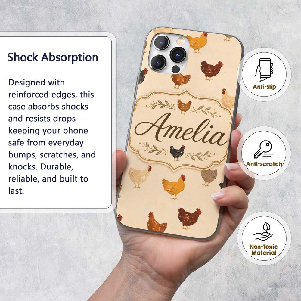 Vintage Farm Chicken Hen Illustration Soft Printed Design Custom Name Protective Phone Case Mobile Cover Durable Smartphone Shock Resistant
