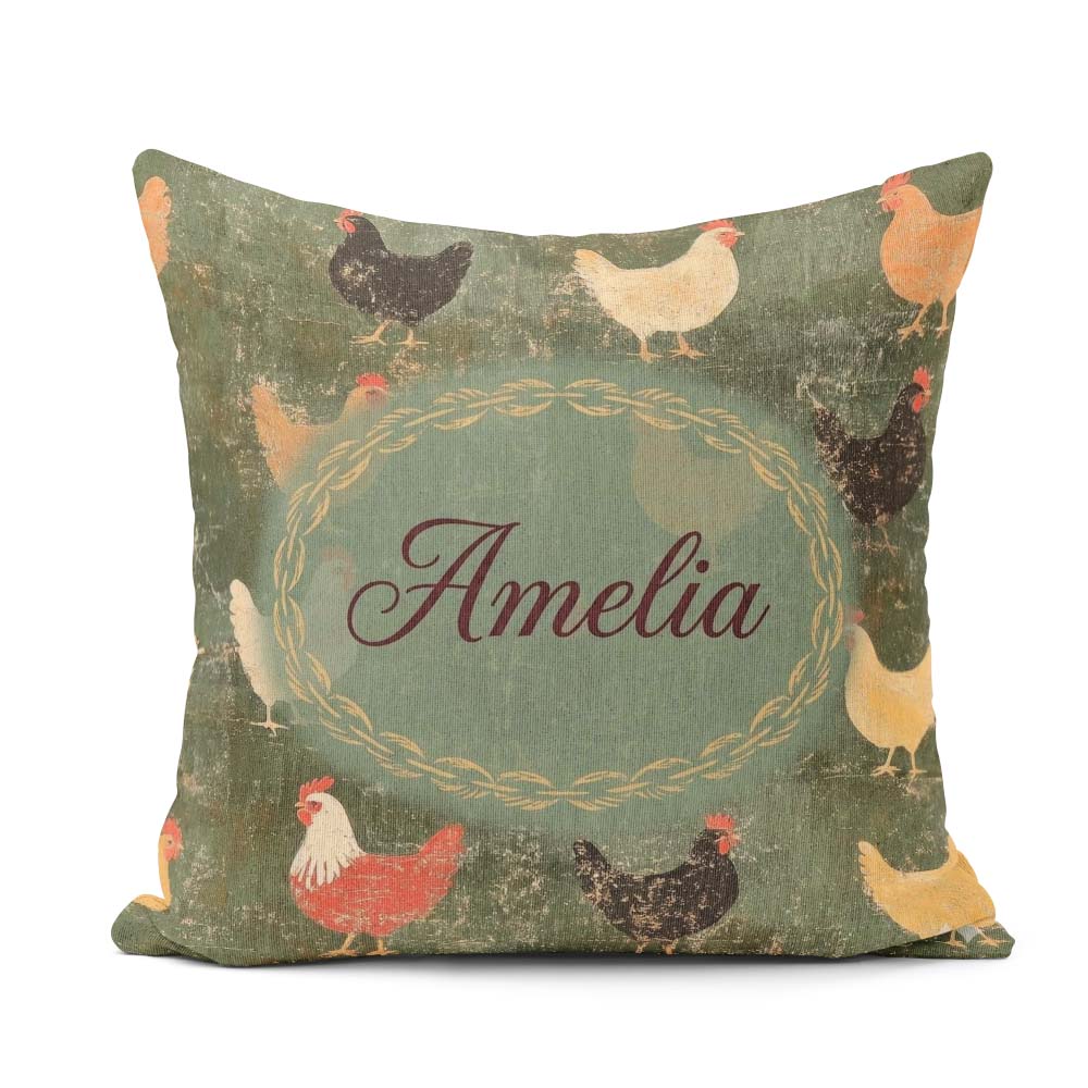 Custom Name Rustic Chicken Hen Farmyard on Distressed Background Square Filled Cushion Throw Pillow Sofa Bed Home Decor Zip Washable UK Made