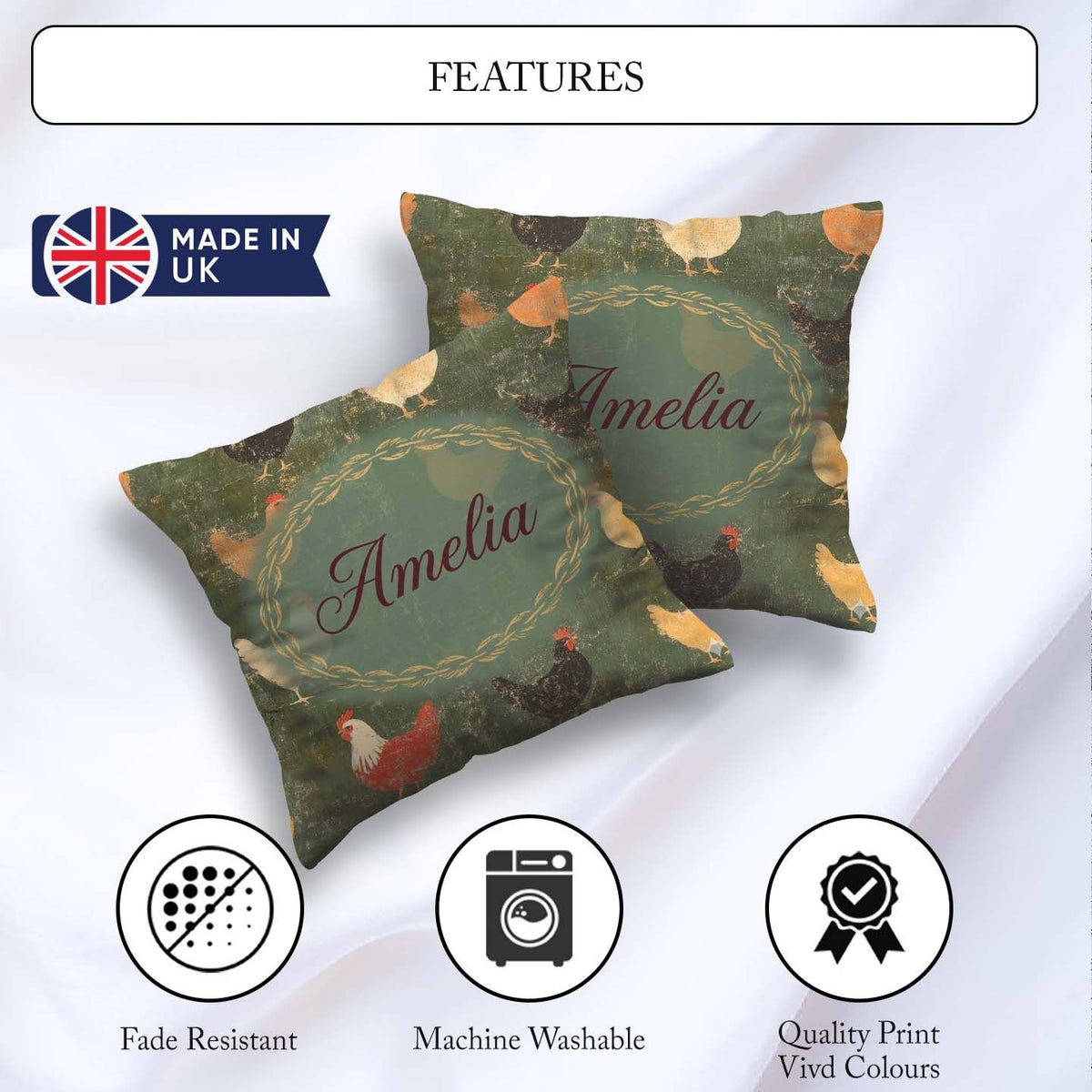 Custom Name Rustic Chicken Hen Farmyard on Distressed Background Square Filled Cushion Throw Pillow Sofa Bed Home Decor Zip Washable UK Made
