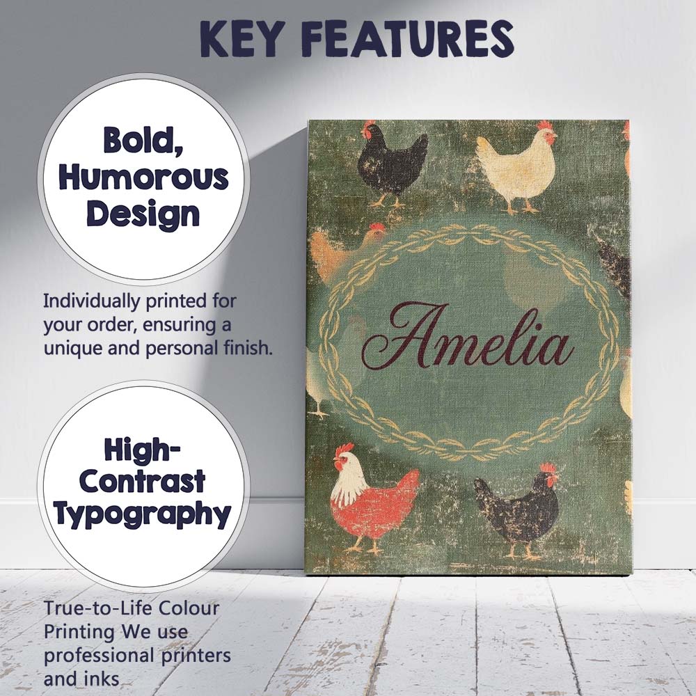 Personalised Name Rustic Chicken Hen Custom Premium Decorative Design Modern Room Accent Canvas Wall Art Print Decor Picture Ready to Hang