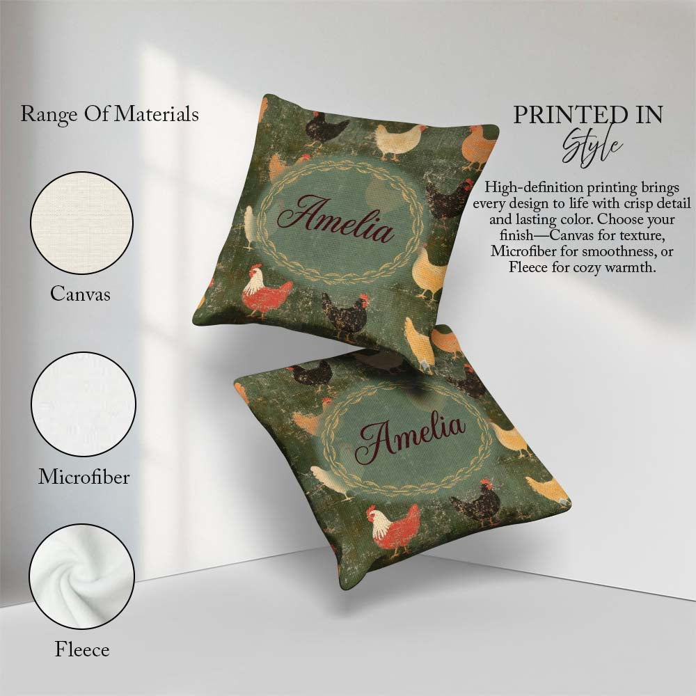Custom Name Rustic Chicken Hen Farmyard on Distressed Background Square Filled Cushion Throw Pillow Sofa Bed Home Decor Zip Washable UK Made