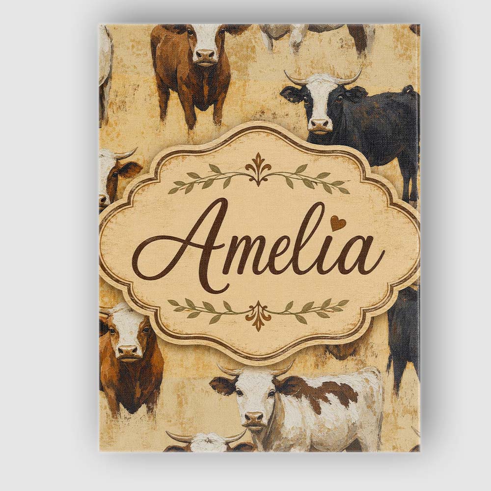 Personalised Name Painterly Cow Cattle Custom Modern Room Accent Elegant Feature Canvas Wall Art Print Decor Picture Ready to Hang