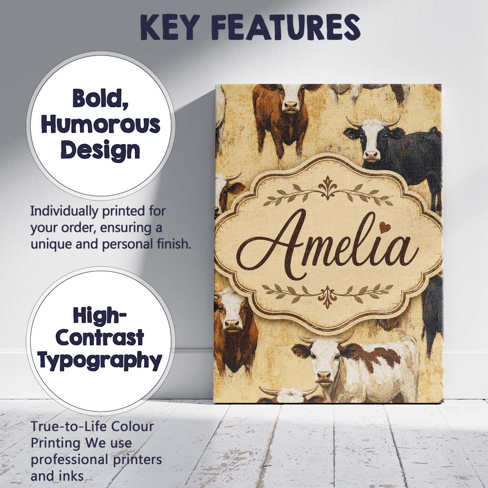 Personalised Name Painterly Cow Cattle Custom Modern Room Accent Elegant Feature Canvas Wall Art Print Decor Picture Ready to Hang