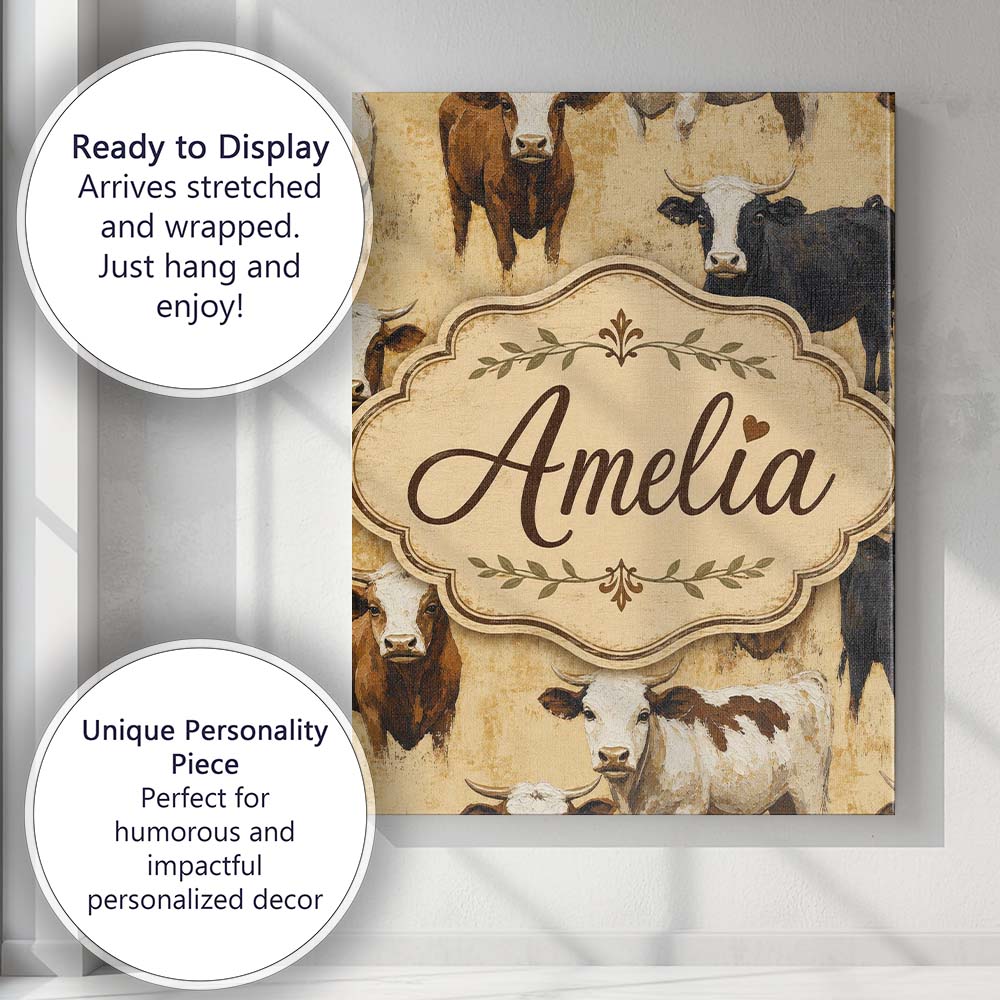 Personalised Name Painterly Cow Cattle Custom Modern Room Accent Elegant Feature Canvas Wall Art Print Decor Picture Ready to Hang