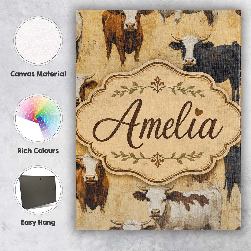 Personalised Name Painterly Cow Cattle Custom Modern Room Accent Elegant Feature Canvas Wall Art Print Decor Picture Ready to Hang