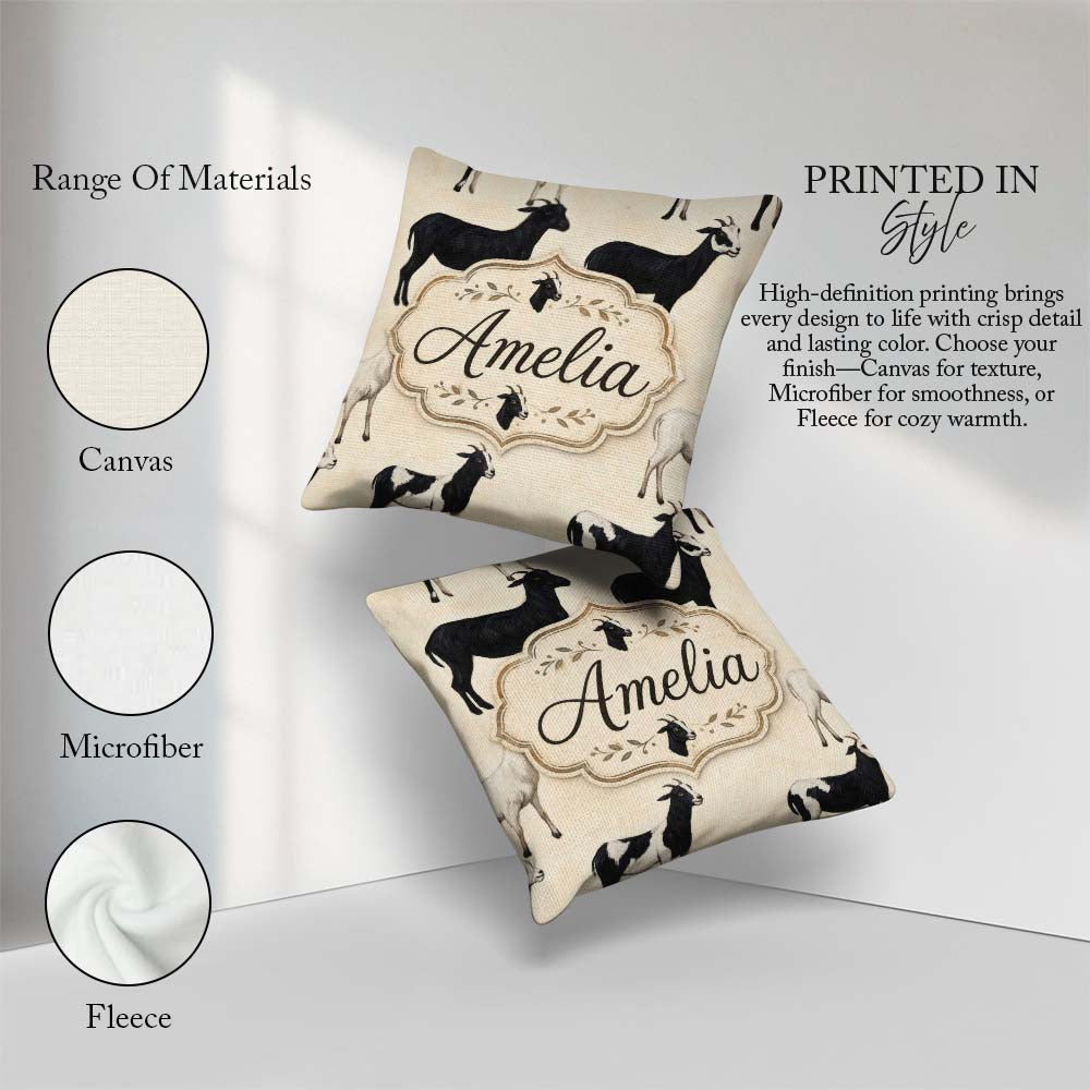 Custom Name Minimal Goat Farm Illustration Soft Neutral Seamless Square Filled Cushion Throw Pillow Sofa Bed Home Decor Zip Washable UK Made