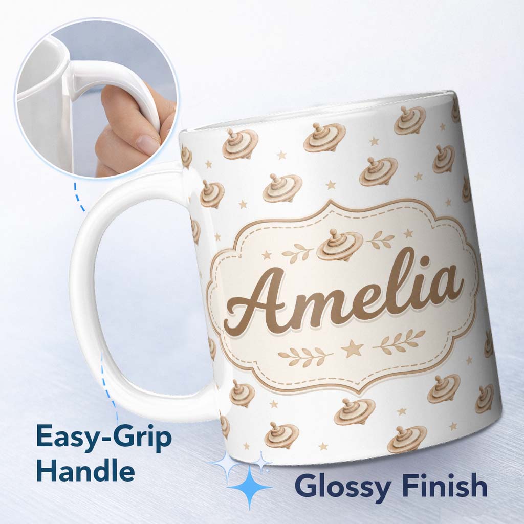 Personalized Custom Name Vintage Spinning Top Toy Seamless Pattern on Soft Neutral Background 11oz Ceramic Coffee Tea Mug White Large Handle