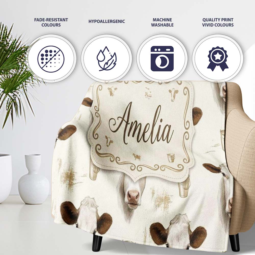 Soft Painted Calf Cow Portrait Neutral Background Seamless Pattern Personalised Custom Name Super Soft Fleece Blanket Bed Sofa Throw