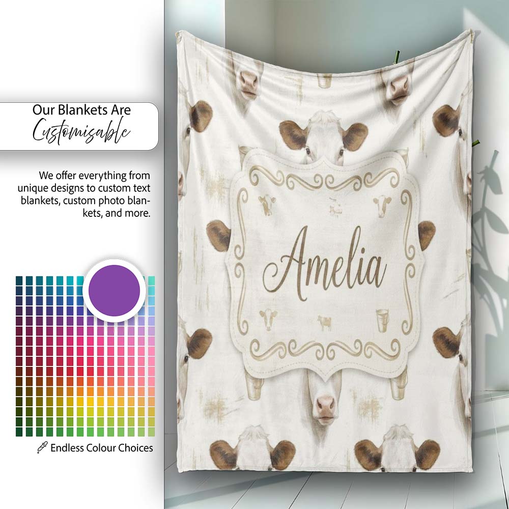 Soft Painted Calf Cow Portrait Neutral Background Seamless Pattern Personalised Custom Name Super Soft Fleece Blanket Bed Sofa Throw