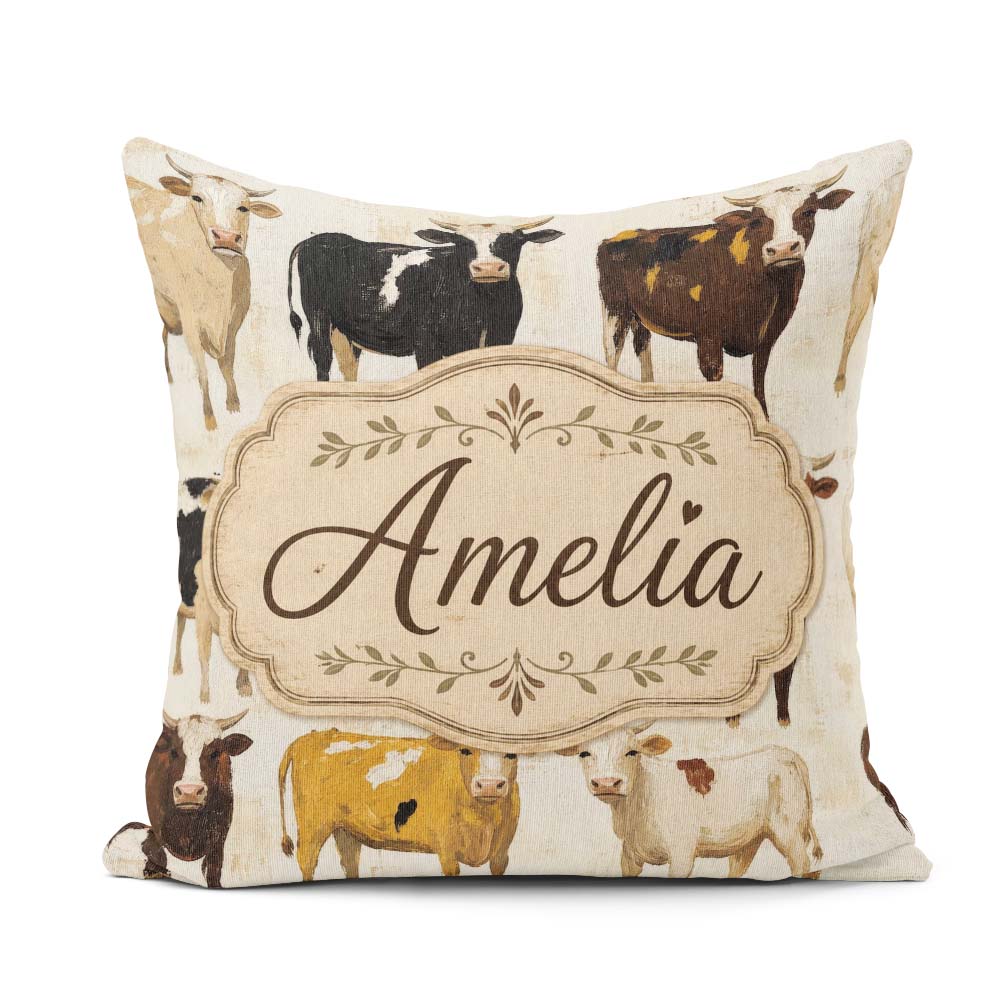 Custom Name Classic Cow Herd Farm Animal Seamless Pattern Lovely Square Filled Cushion Throw Pillow Sofa Bed Home Decor Zip Washable UK Made