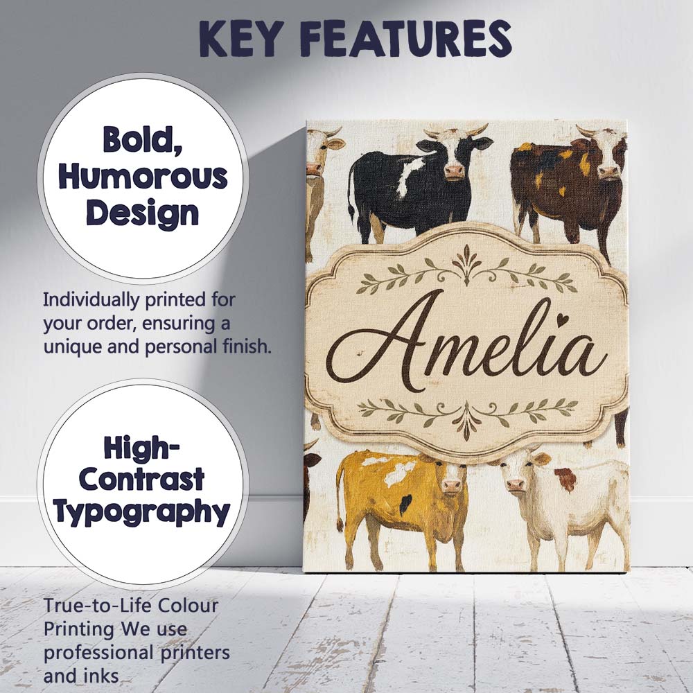 Personalised Name Classic Cow Herd Farm Custom Modern Room Accent Elegant Feature Canvas Wall Art Print Decor Picture Ready to Hang