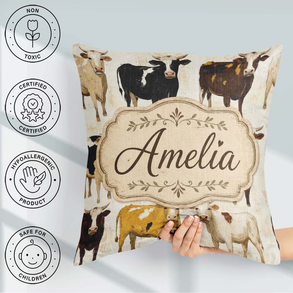 Custom Name Classic Cow Herd Farm Animal Seamless Pattern Lovely Square Filled Cushion Throw Pillow Sofa Bed Home Decor Zip Washable UK Made