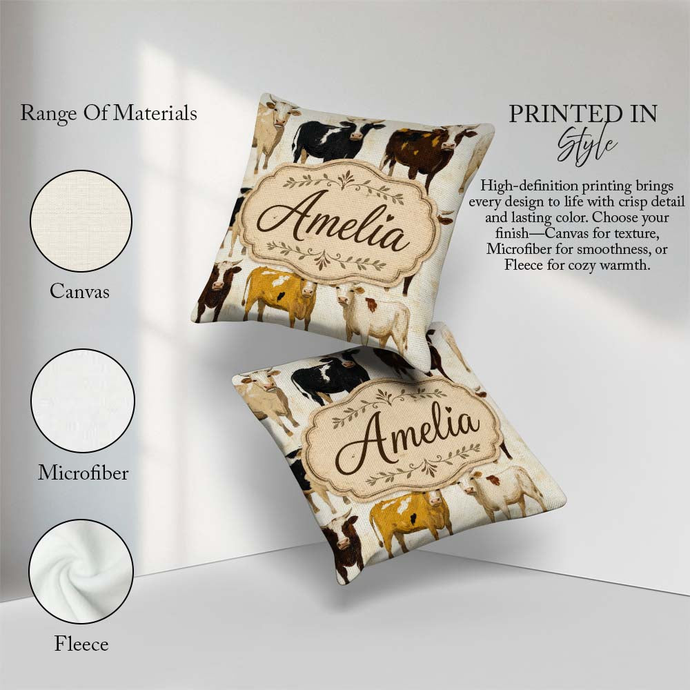 Custom Name Classic Cow Herd Farm Animal Seamless Pattern Lovely Square Filled Cushion Throw Pillow Sofa Bed Home Decor Zip Washable UK Made