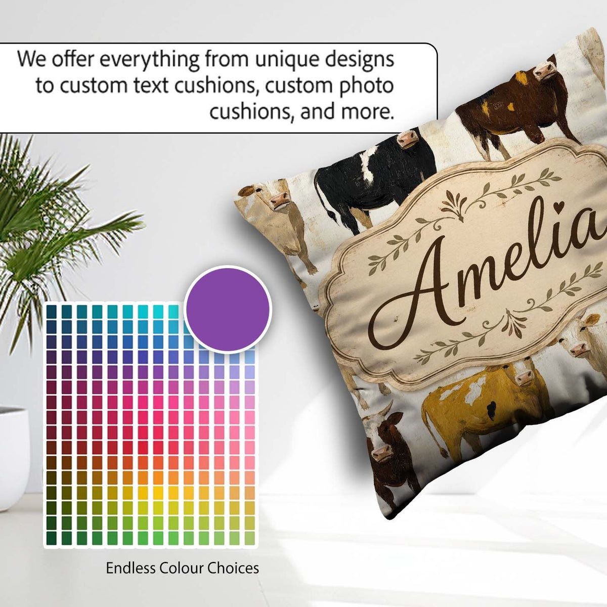 Custom Name Classic Cow Herd Farm Animal Seamless Pattern Lovely Square Filled Cushion Throw Pillow Sofa Bed Home Decor Zip Washable UK Made