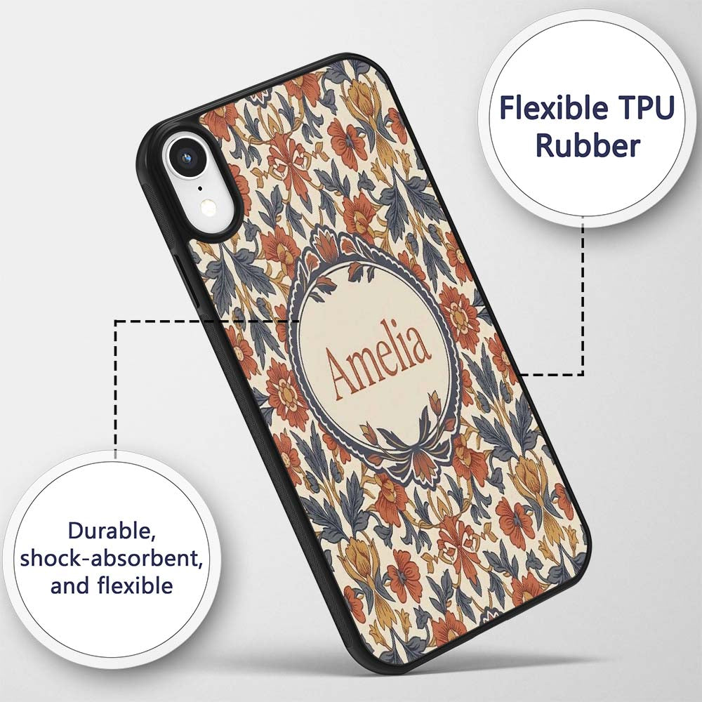 Vintage Botanical Floral Neutral Tones Elegant Custom Name Protective Phone Case Mobile Cover Durable Everyday Smartphone Shock Resistant