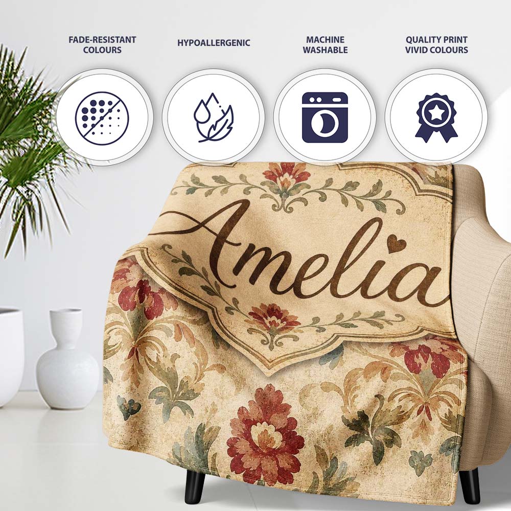 Vintage Damask Floral Motif Soft Neutral Background Seamless Pattern Personalised Custom Name Super Soft Fleece Blanket Bed Sofa Throw