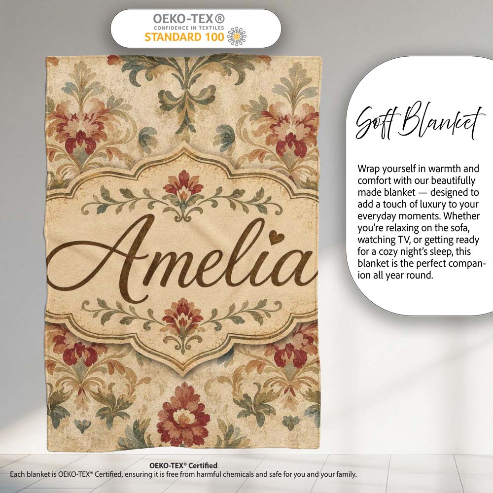 Vintage Damask Floral Motif Soft Neutral Background Seamless Pattern Personalised Custom Name Super Soft Fleece Blanket Bed Sofa Throw