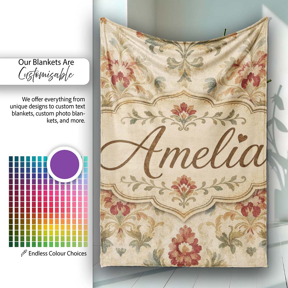 Vintage Damask Floral Motif Soft Neutral Background Seamless Pattern Personalised Custom Name Super Soft Fleece Blanket Bed Sofa Throw