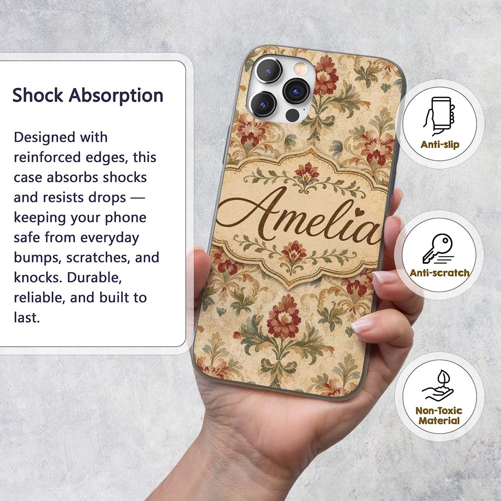 Vintage Damask Floral Motif Soft Printed Design Custom Name Protective Phone Case Mobile Cover Durable Everyday Smartphone Shock Resistant