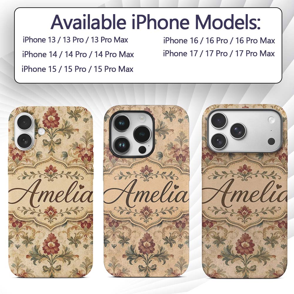 Vintage Damask Floral Motif Soft Printed Design Custom Name Protective Phone Case Mobile Cover Durable Everyday Smartphone Shock Resistant