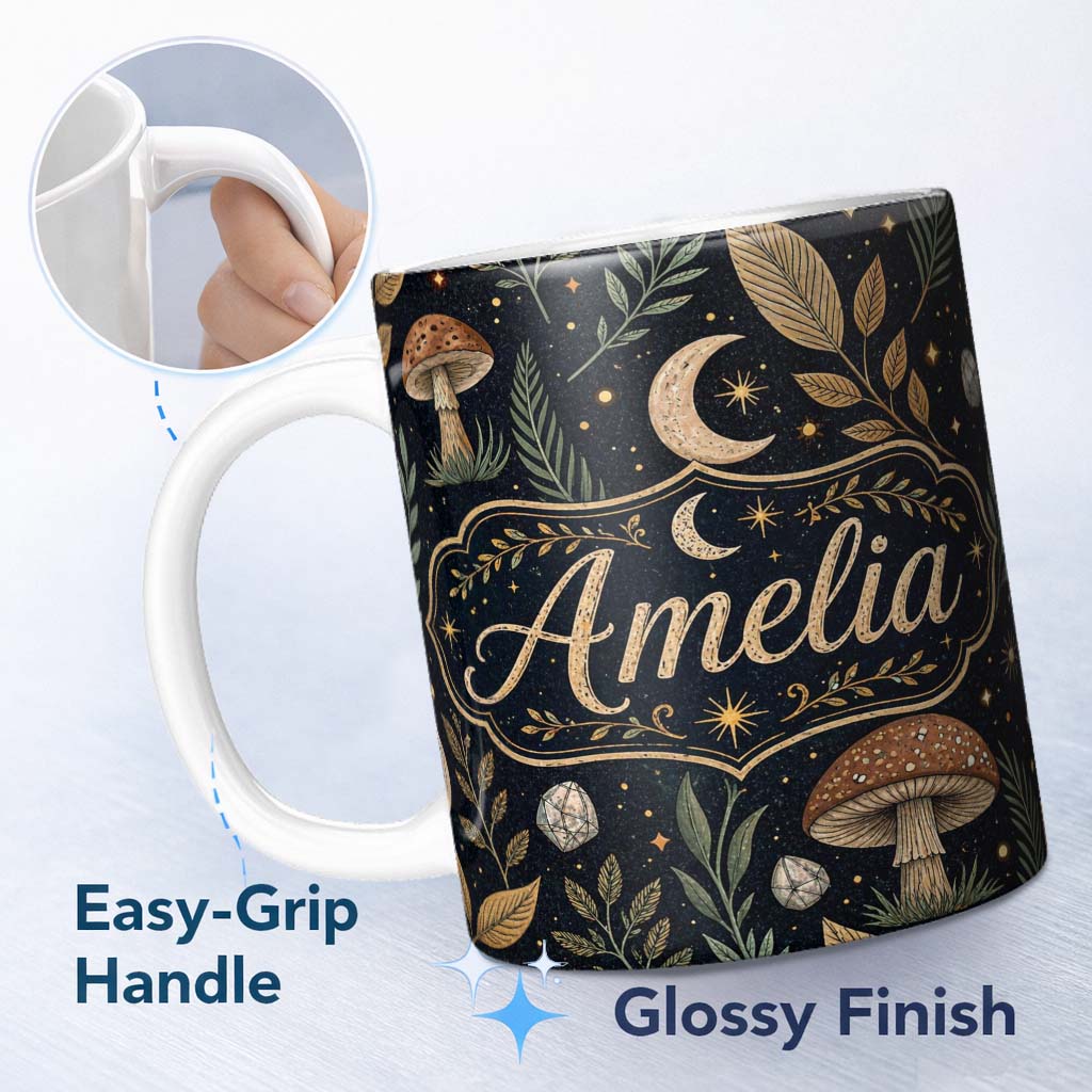 Personalized Custom Name Celestial Candle Moon Stars Mystic Night Seamless Pattern Lovely 11oz Ceramic Coffee Tea Mug White Large Handle