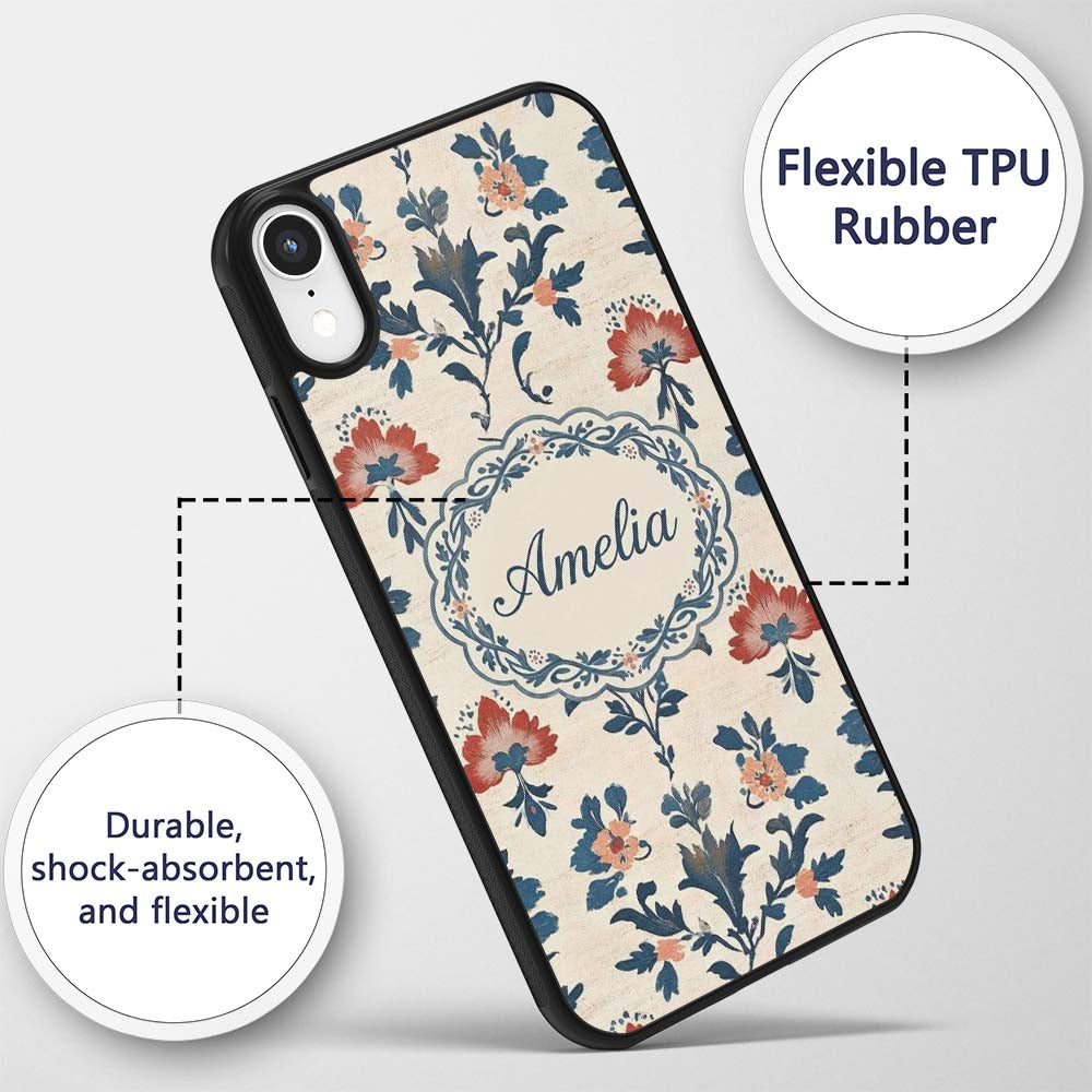 Traditional Blue Red Floral Folk Art Seamless Custom Name Protective Phone Case Mobile Cover Durable Everyday Smartphone Shock Resistant