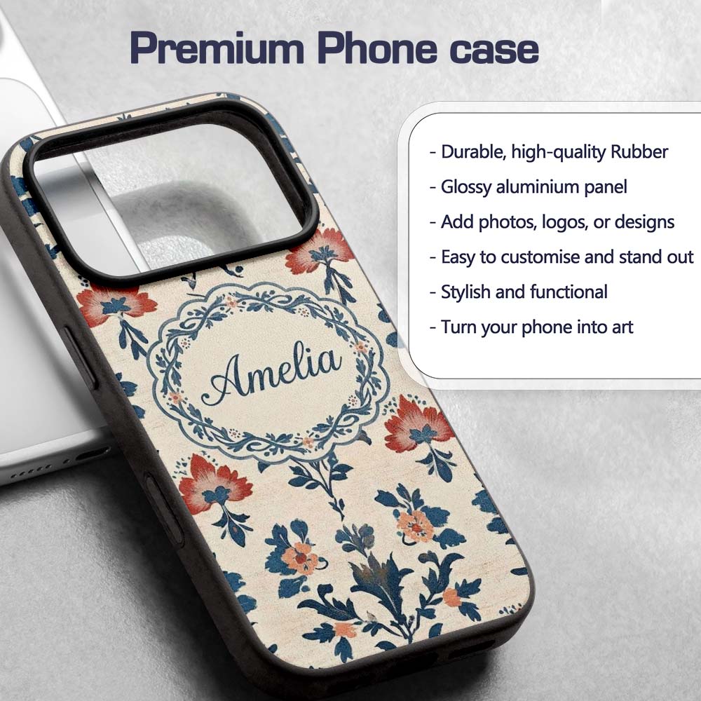 Traditional Blue Red Floral Folk Art Seamless Custom Name Protective Phone Case Mobile Cover Durable Everyday Smartphone Shock Resistant
