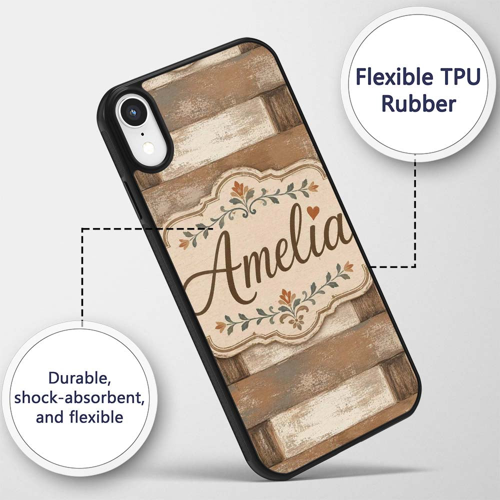 Rustic Wooden Plank Texture Decorative Design Custom Name Protective Phone Case Mobile Cover Durable Everyday Smartphone Shock Resistant