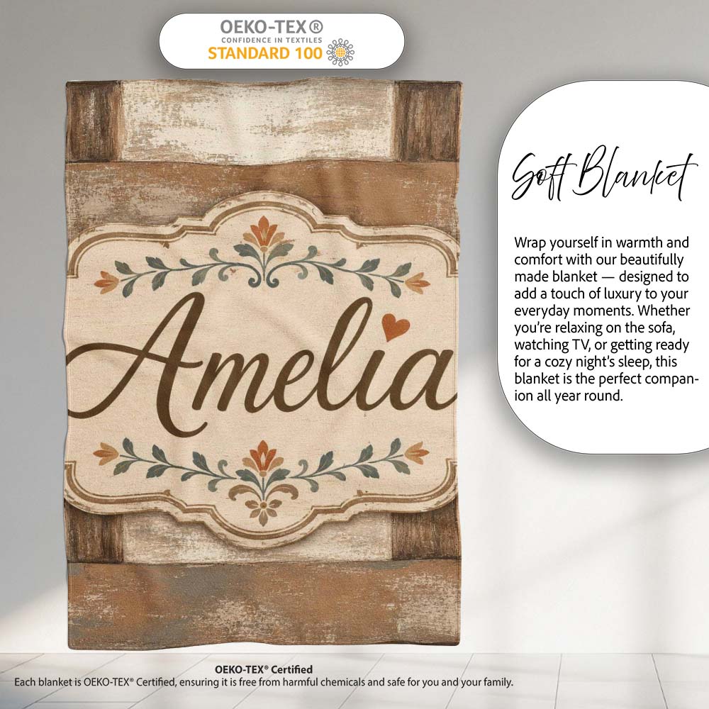 Rustic Wooden Plank Texture Farmhouse Style Seamless Pattern Lovely Personalised Custom Name Super Soft Fleece Blanket Bed Sofa Throw