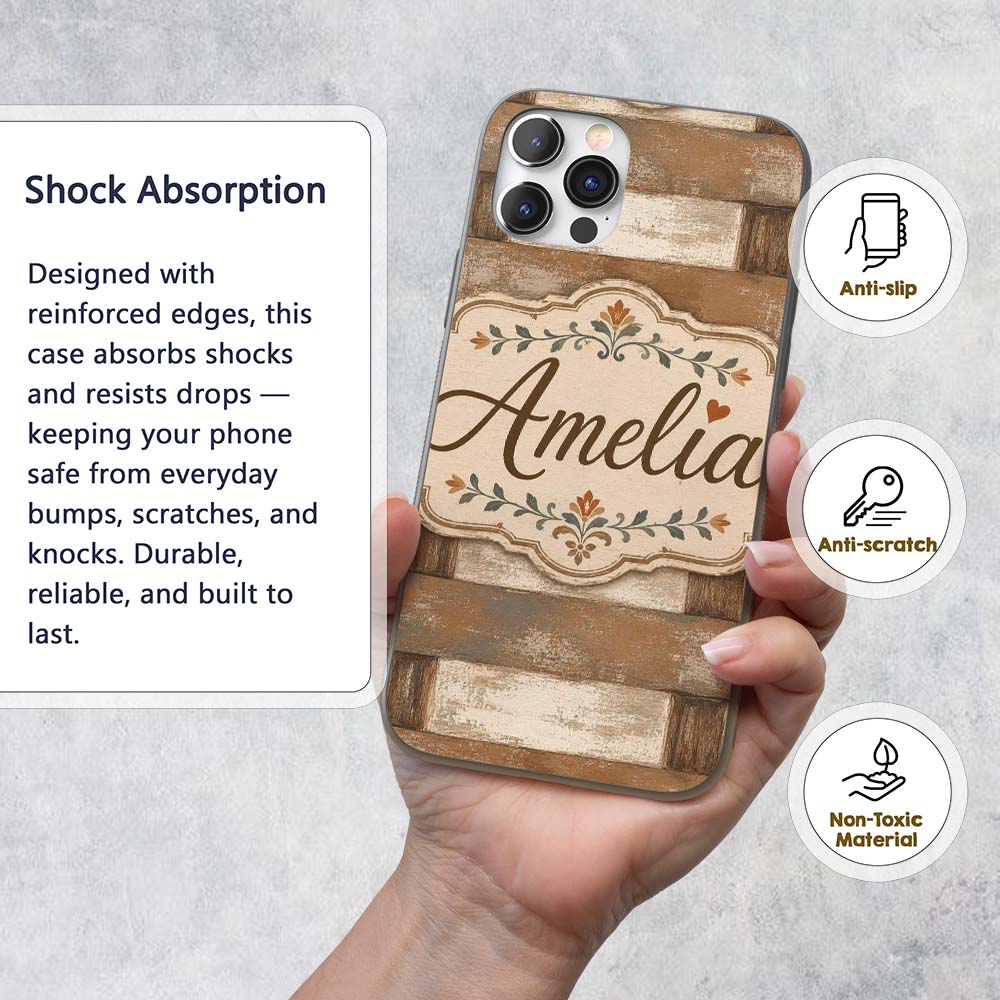 Rustic Wooden Plank Texture Decorative Design Custom Name Protective Phone Case Mobile Cover Durable Everyday Smartphone Shock Resistant