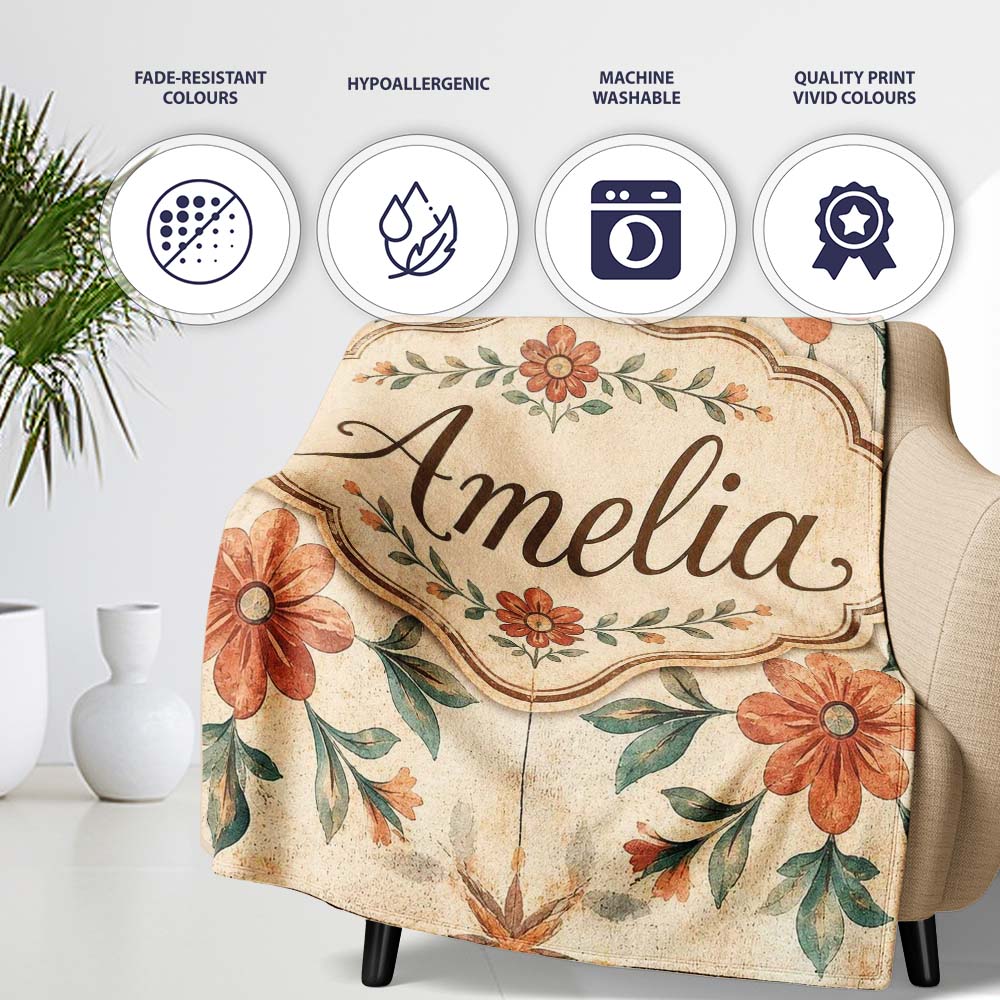 Vintage Tile Style Floral Motif Soft Neutral Seamless Pattern Lovely Personalised Custom Name Super Soft Fleece Blanket Bed Sofa Throw