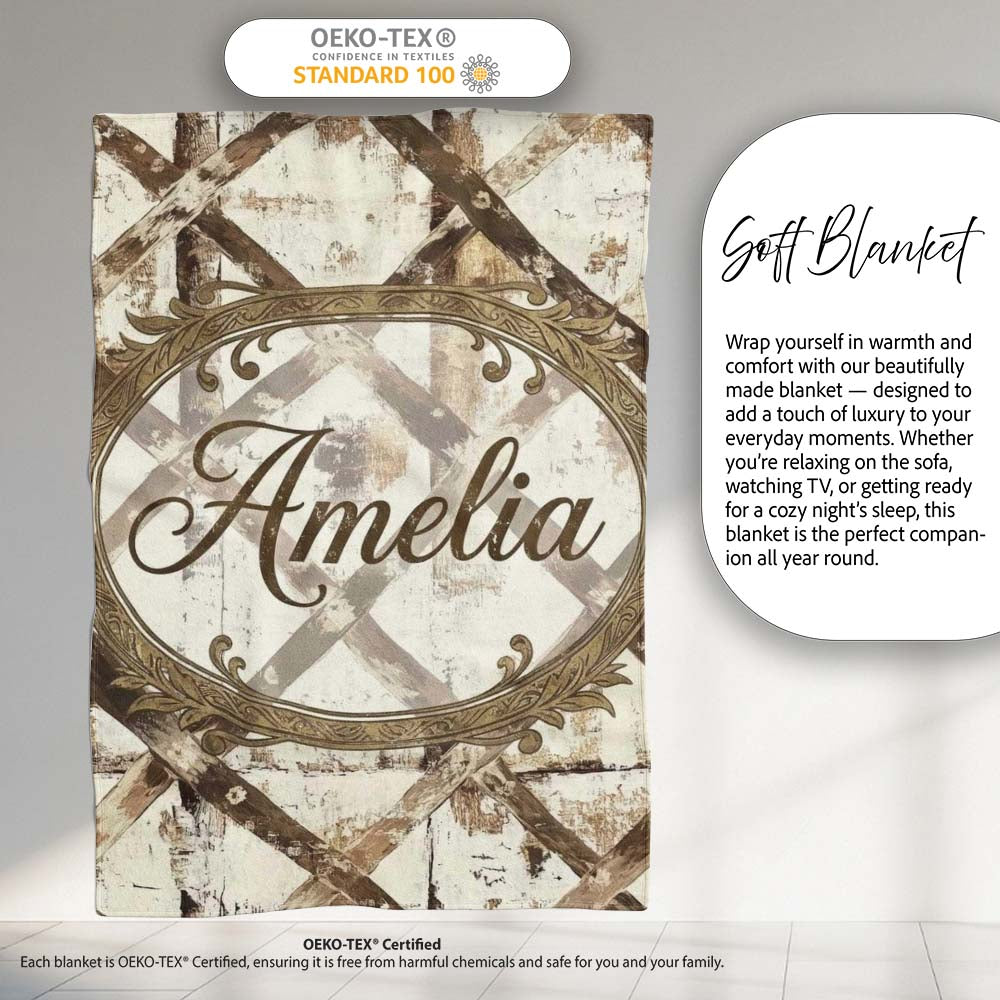 Rustic Distressed Wooden Cross Pattern on Whitewashed Texture Lovely Personalised Custom Name Super Soft Fleece Blanket Bed Sofa Throw