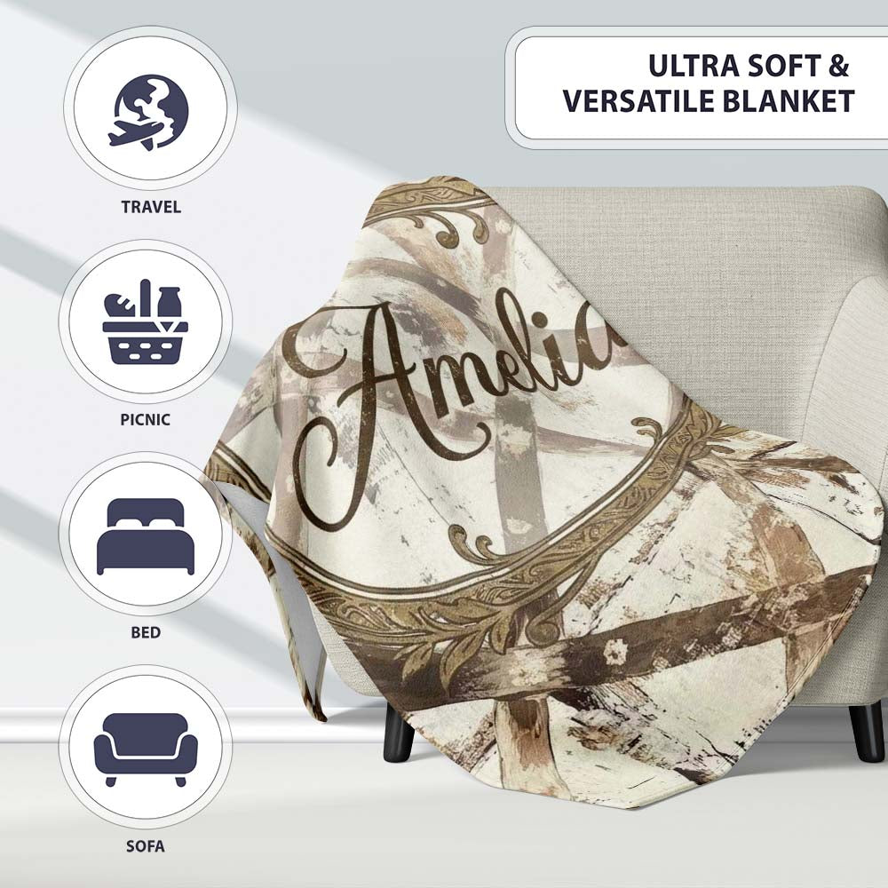 Rustic Distressed Wooden Cross Pattern on Whitewashed Texture Lovely Personalised Custom Name Super Soft Fleece Blanket Bed Sofa Throw