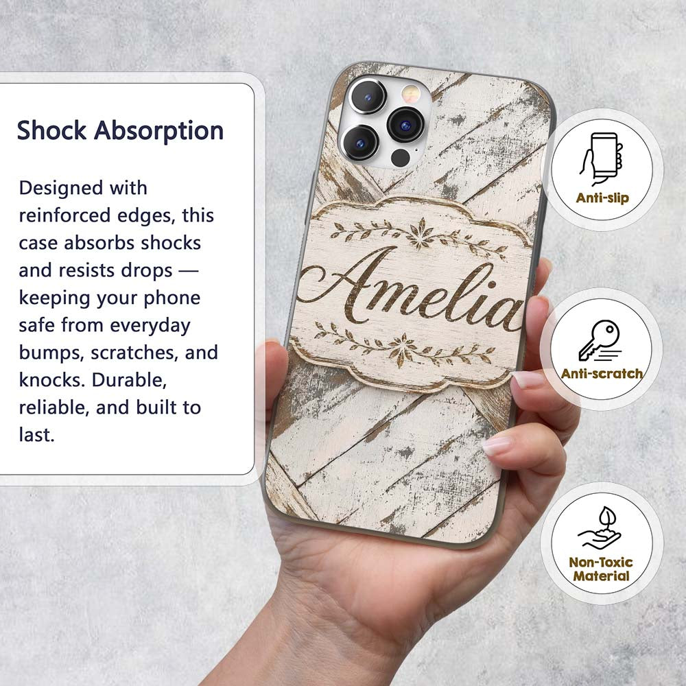 Rustic Whitewashed Wood Plank Cross Beam Seamless Custom Name Protective Phone Case Mobile Cover Durable Everyday Smartphone Shock Resistant