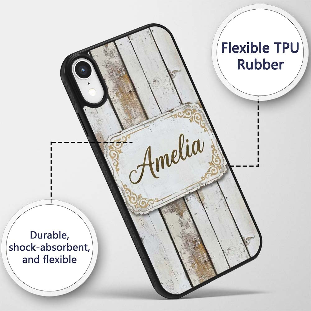 Vertical Weathered Wooden Planks Whitewashed Custom Name Protective Phone Case Mobile Cover Durable Everyday Smartphone Shock Resistant