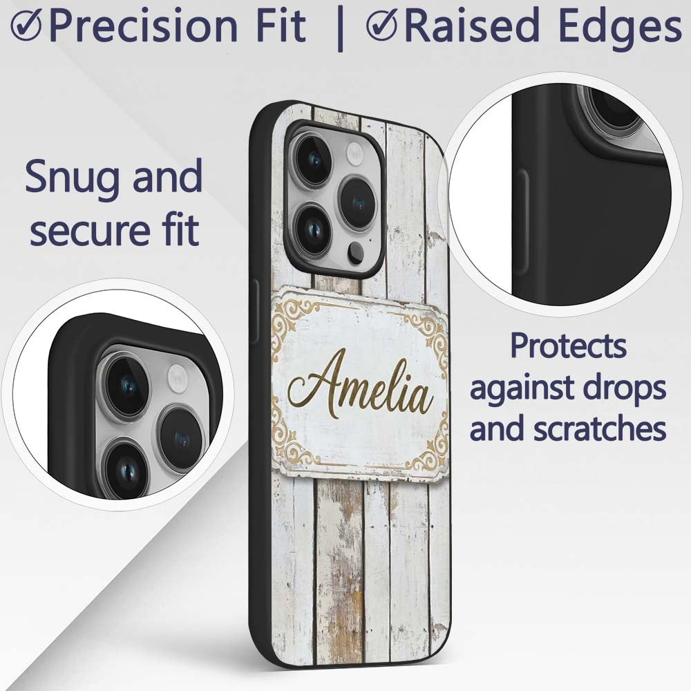 Vertical Weathered Wooden Planks Whitewashed Custom Name Protective Phone Case Mobile Cover Durable Everyday Smartphone Shock Resistant