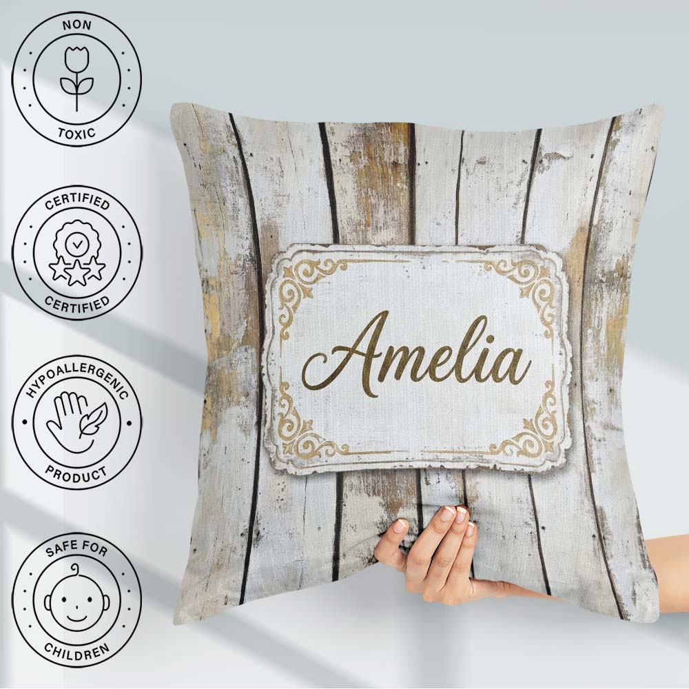 Custom Name Vertical Wooden Planks Whitewashed Distressed Lovely Square Filled Cushion Throw Pillow Sofa Bed Home Decor Zip Washable UK Made