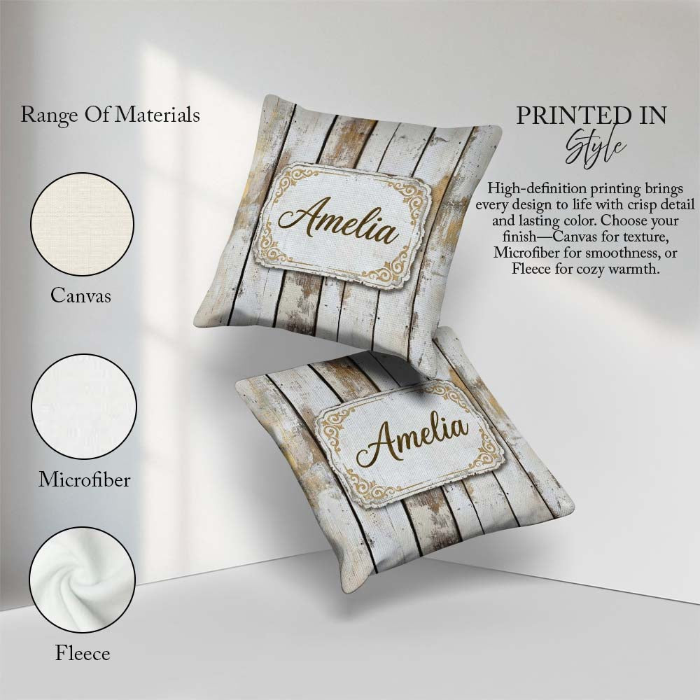 Custom Name Vertical Wooden Planks Whitewashed Distressed Lovely Square Filled Cushion Throw Pillow Sofa Bed Home Decor Zip Washable UK Made